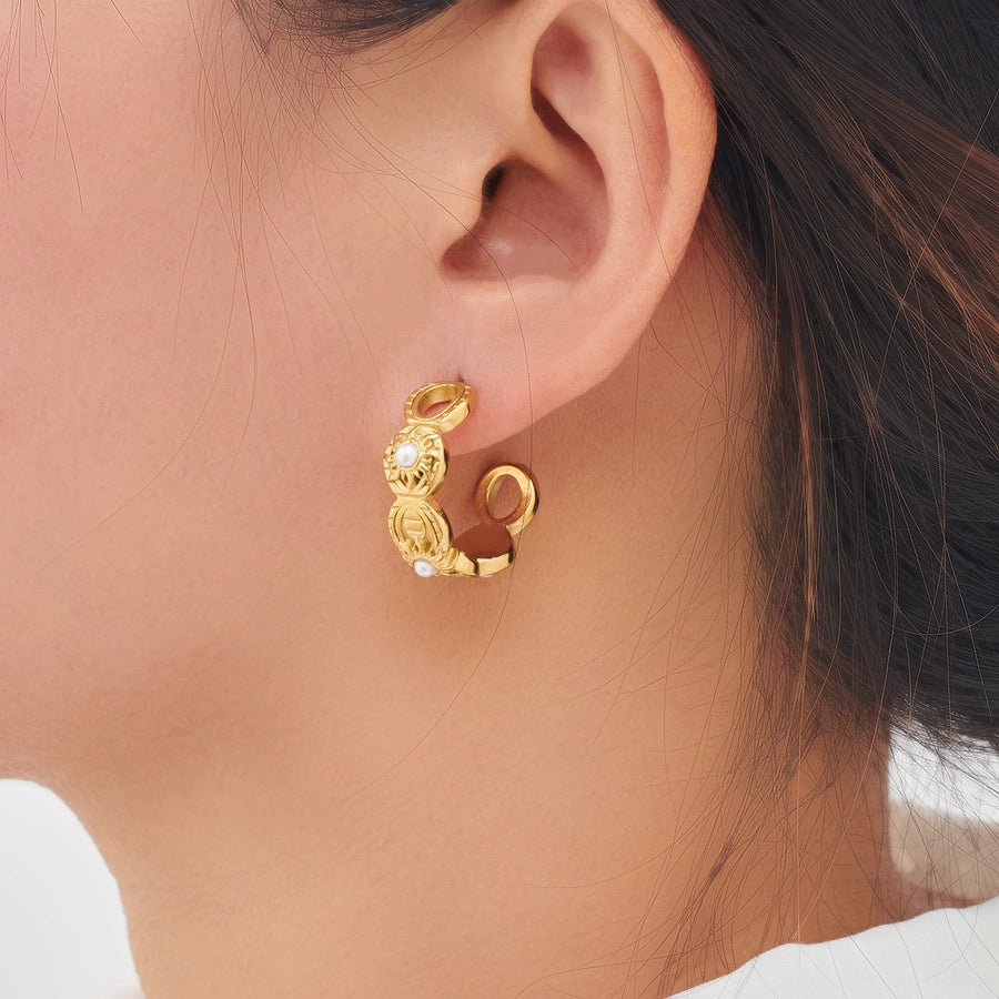 C Shape Sun Inlay Artificial Pearls Earrings [304 Stainless Steel,18K Gold Plated]