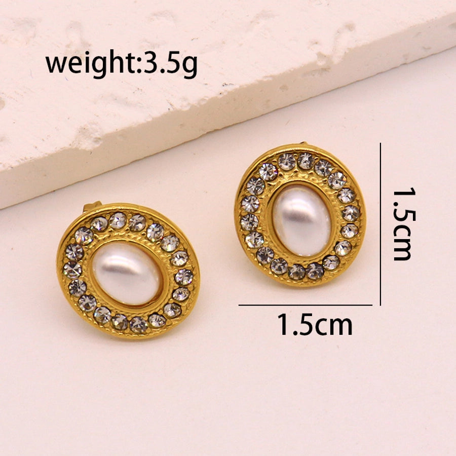 Artificial Pearls Stones Round Earrings [304 Stainless Steel,18K Gold Plated]