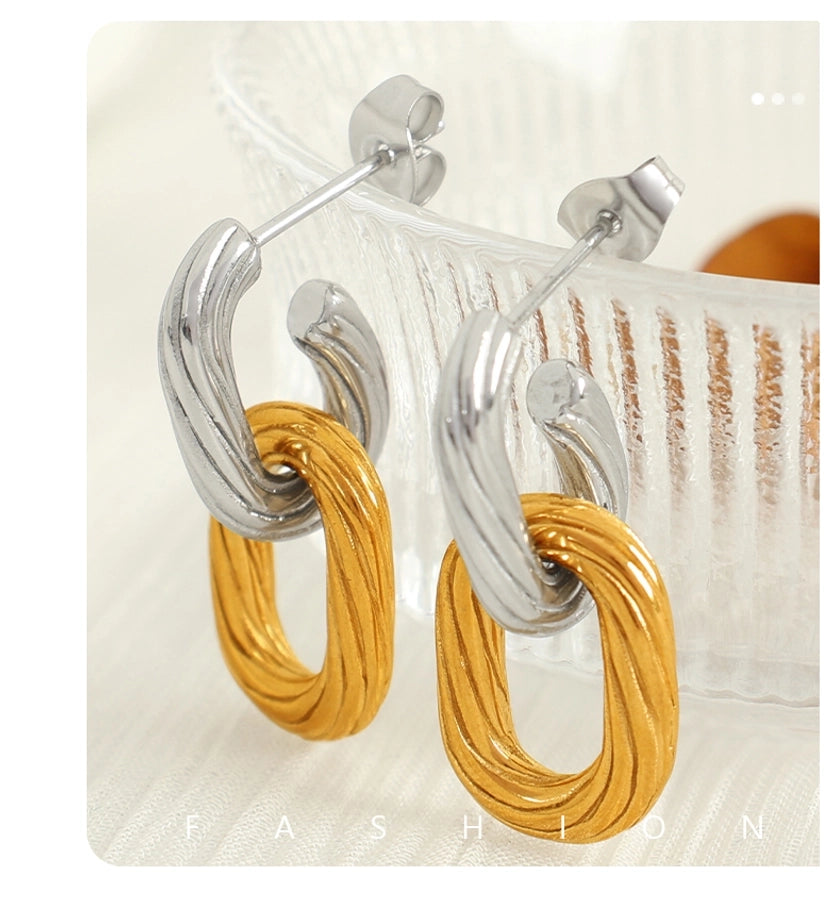 Double Ring Silver Gold Drop Earrings [304 Stainless Steel,18K Gold Plated]