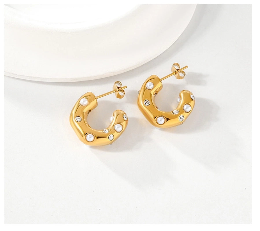 C Shape Small Pearl Earrings [304 Stainless Steel,18K Gold Plated]