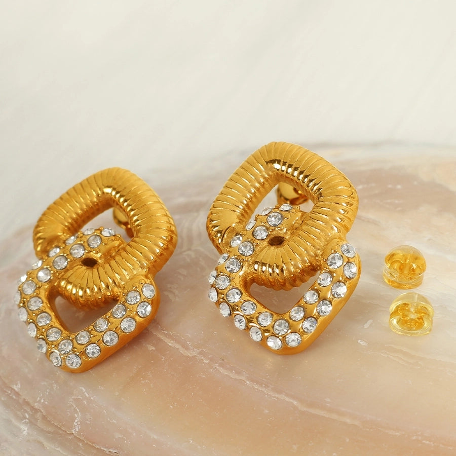 Geometric Round Square Artificial Pearls Rhinestones Earrings [304 Stainless Steel,18K Gold Plated]