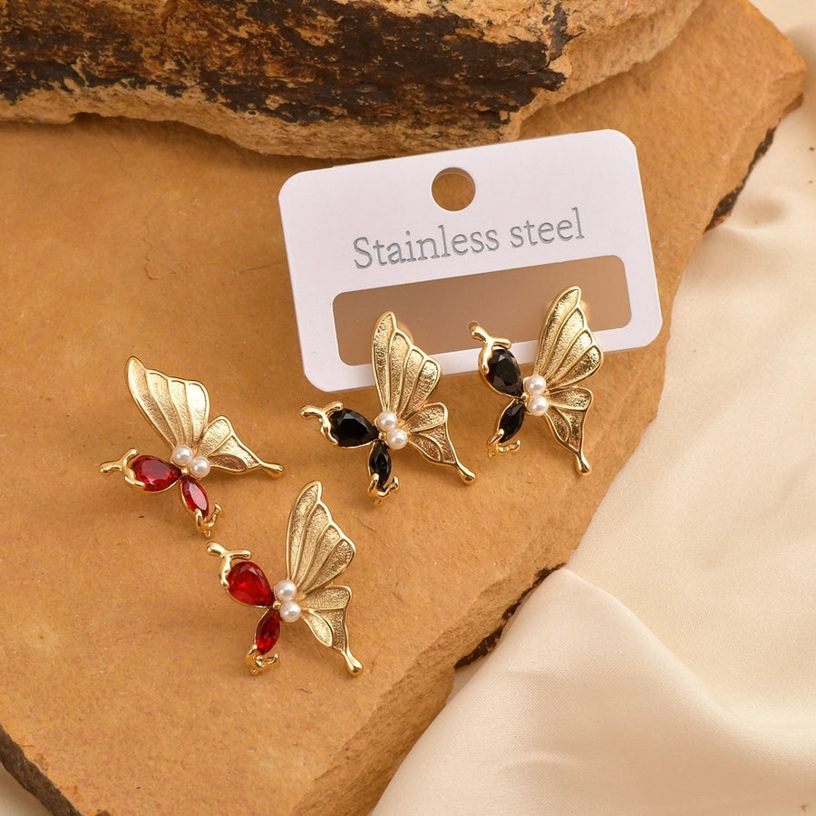 Shiny Stones Butterfly Earrings [304 Stainless Steel,18K Gold Plated]