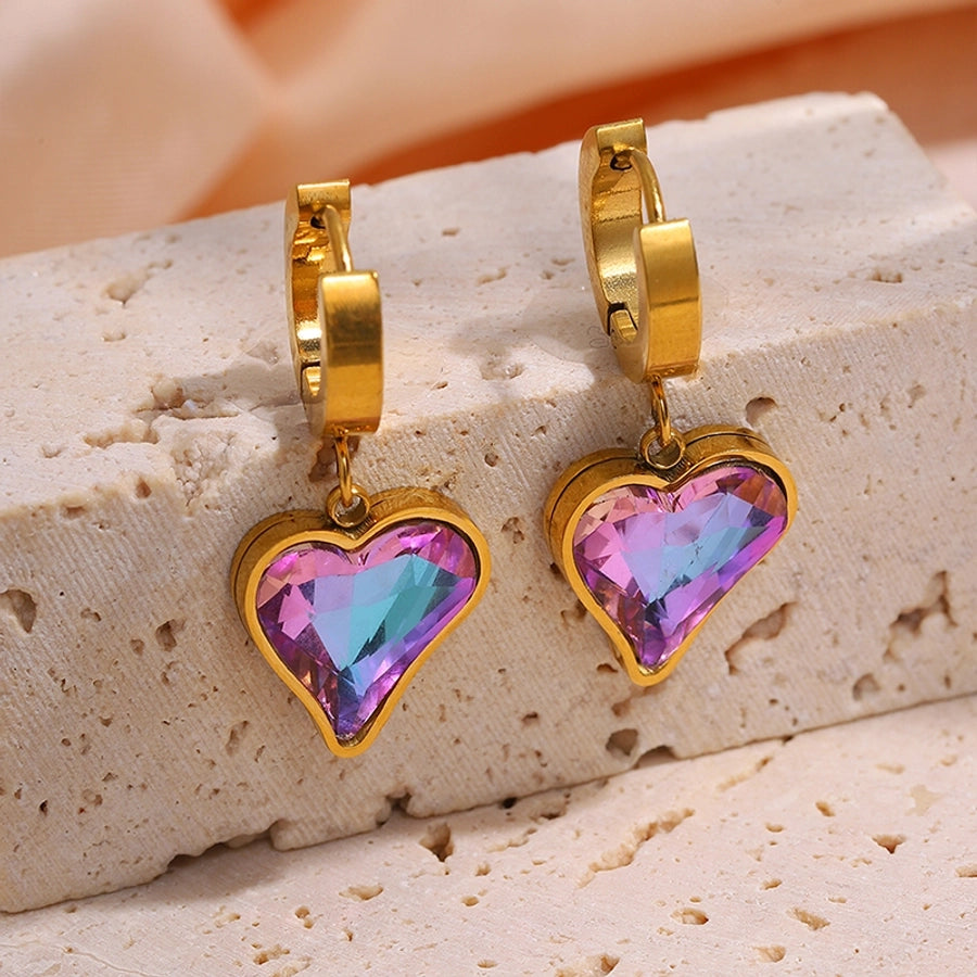 Purple Stone Butterfly Heart Flower Earrings [304 Stainless Steel]