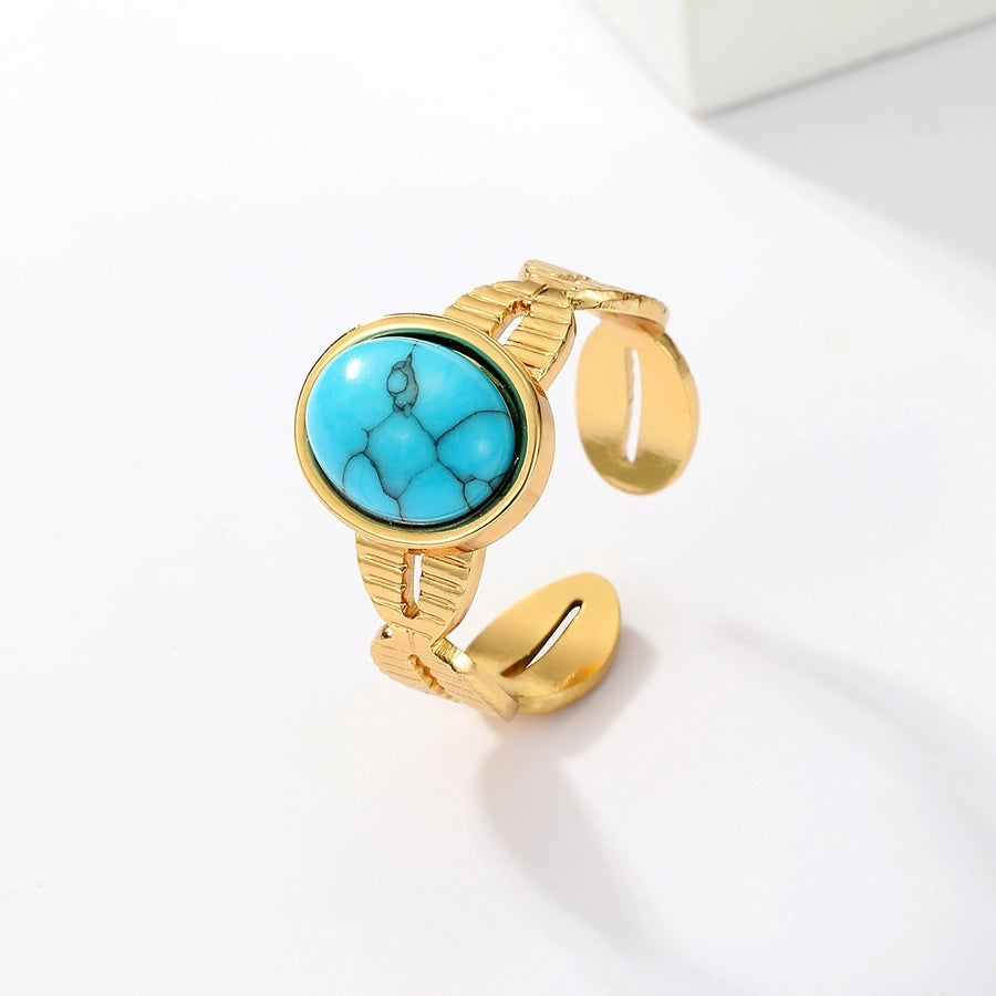 Round Square Turquoise Open Ring [201 Stainless Steel, 18K Gold Plated]