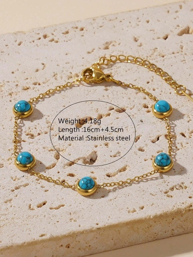 Retro Round Plastic Turquoise Jewelry Set [304 Stainless Steel, 18K Gold Plated]