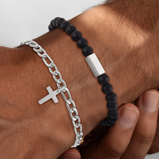 Cross Stone Beaded Chain Bracelet Set [201,304 Stainless Steel]