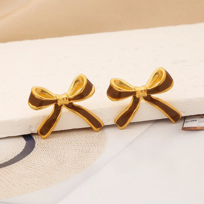 Bow Knot Enamel Ear Studs [304 Stainless Steel,18K Gold Plated]