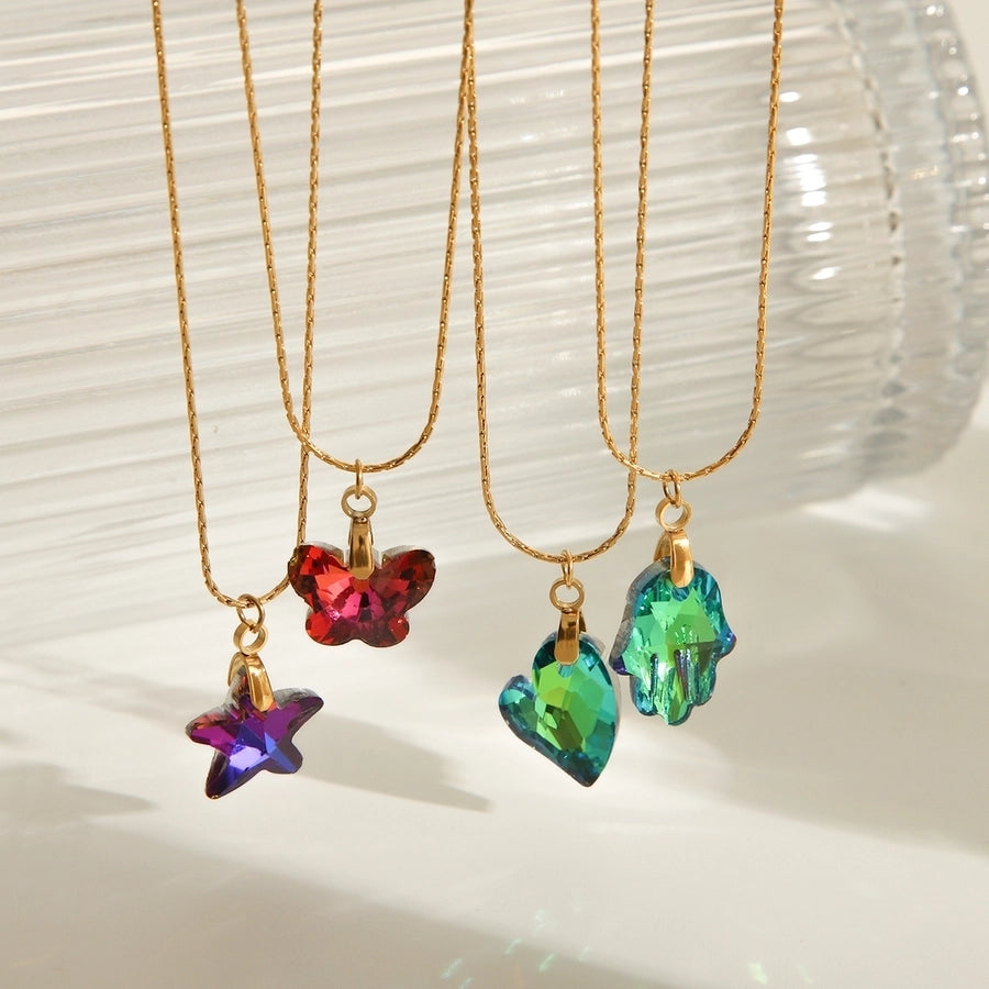 Star Heart Shape Butterfly Glass Necklace [304 Stainless Steel,18K Gold Plated]