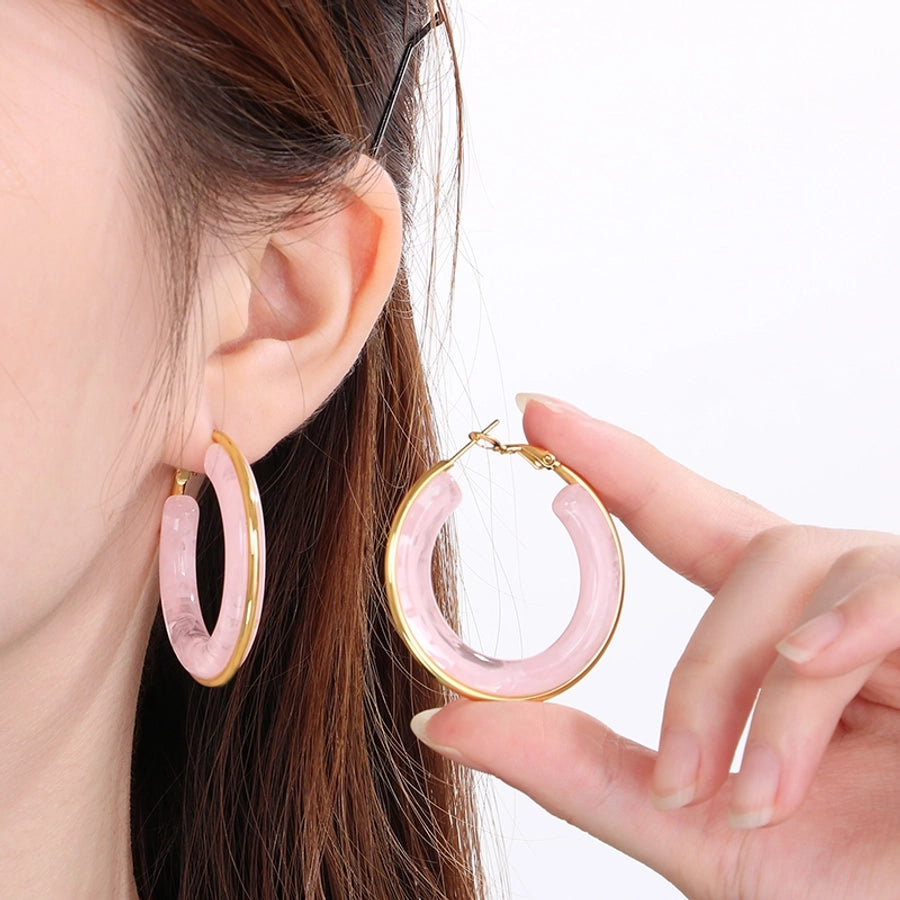 Round Resin Hoop Earrings [304 Stainless Steel, 18K Gold Plated]