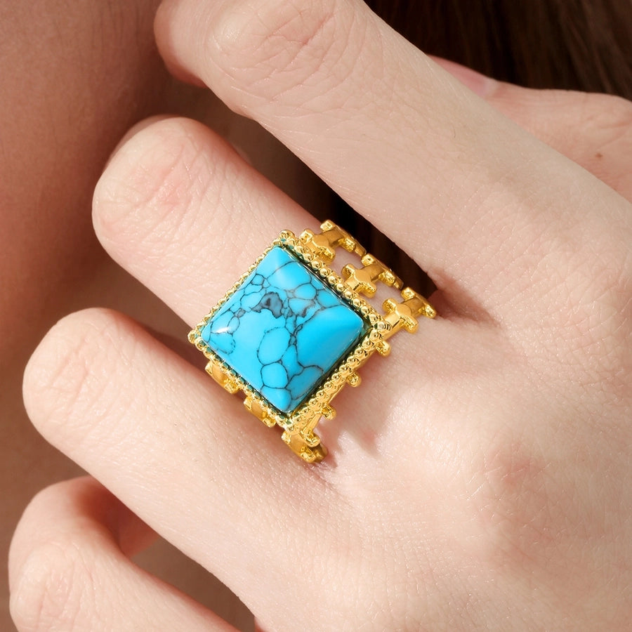 Round Square Turquoise Open Ring [201 Rustfrit stål, 18K guldbelagt]