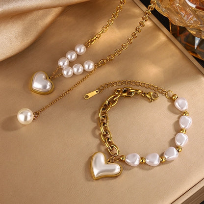 Heart Shape Beaded PearlBracelet/Necklace/Jewelry Set [304 Stainless Steel, 18K Gold Plated]