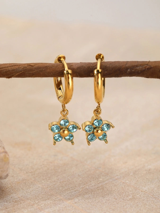 Flower Rhinestones Drop Earrings [304 Stainless Steel,18K Gold Plated]