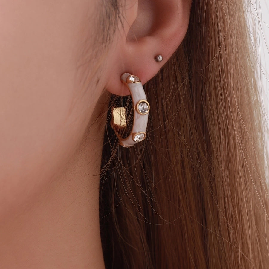 C Shape Zircon Black and White Earrings [304 Stainless Steel,18K Gold Plated]