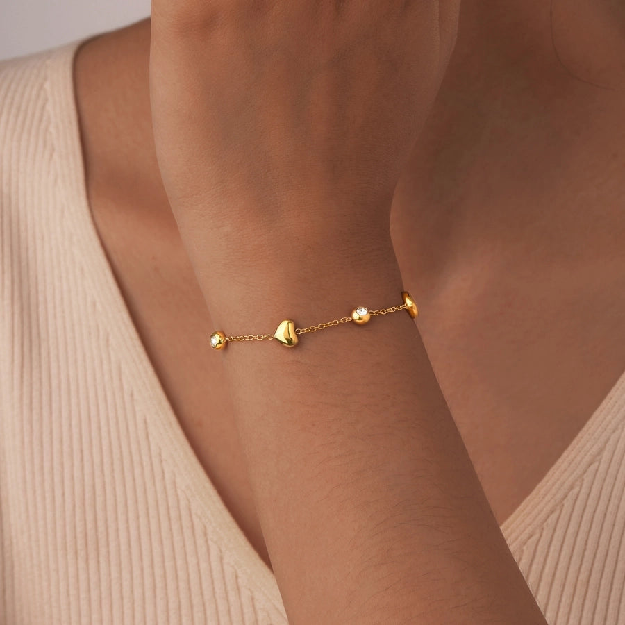 Heart Shape Zircon Bracelet [201 Stainless Steel, 18K Gold Plated]