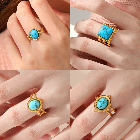 Round Square Turquoise Open Ring [201 Stainless Steel, 18K Gold Plated]