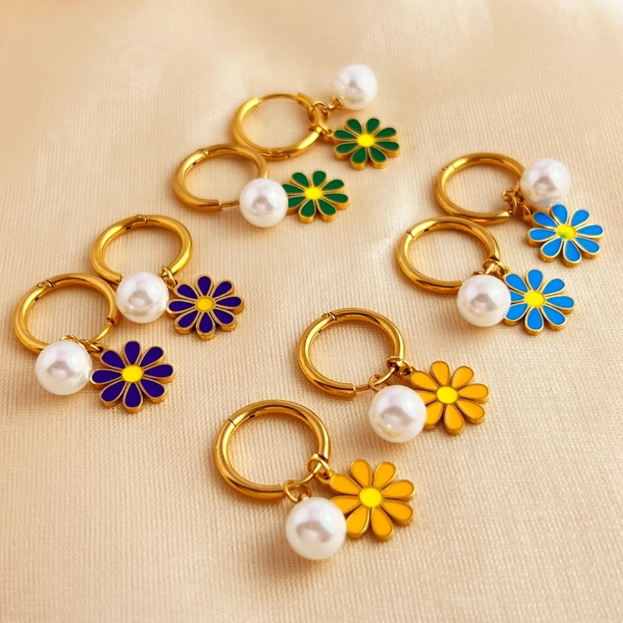 Flower Enamel Pearl [201 Stainless Steel,18K Gold Plated]