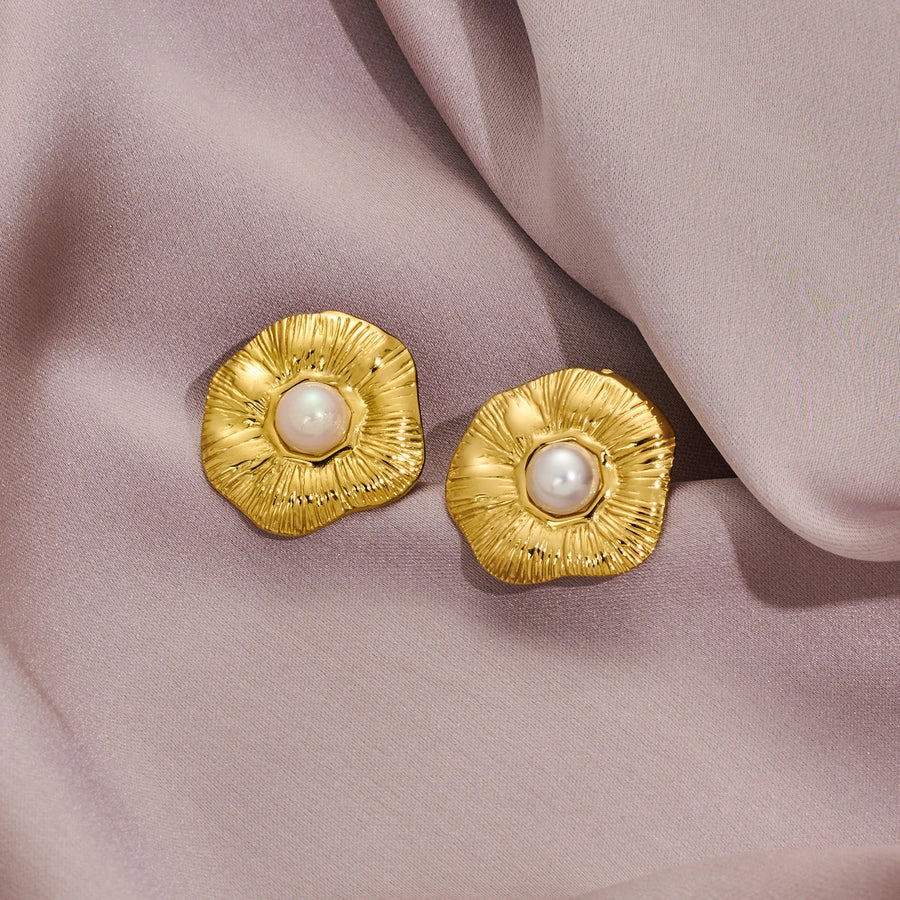 Round Flower Pearl Earrings [316 Stainless Steel,18K Gold Plated]