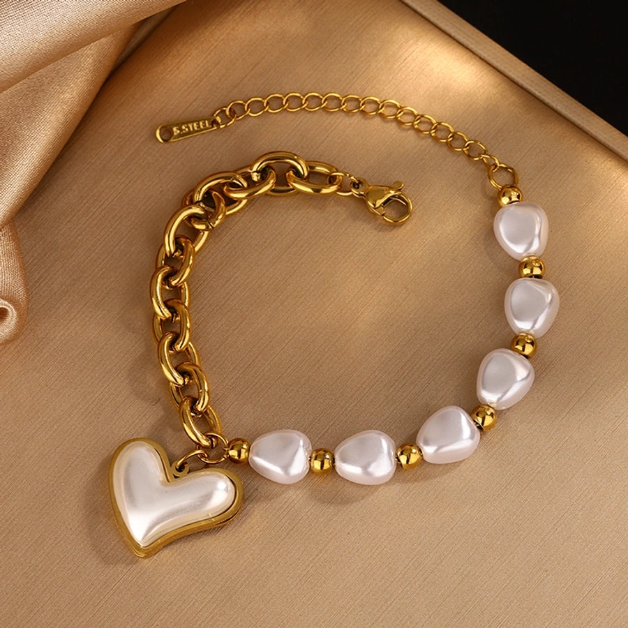 Heart Shape Beaded PearlBracelet/Necklace/Jewelry Set [304 Stainless Steel, 18K Gold Plated]