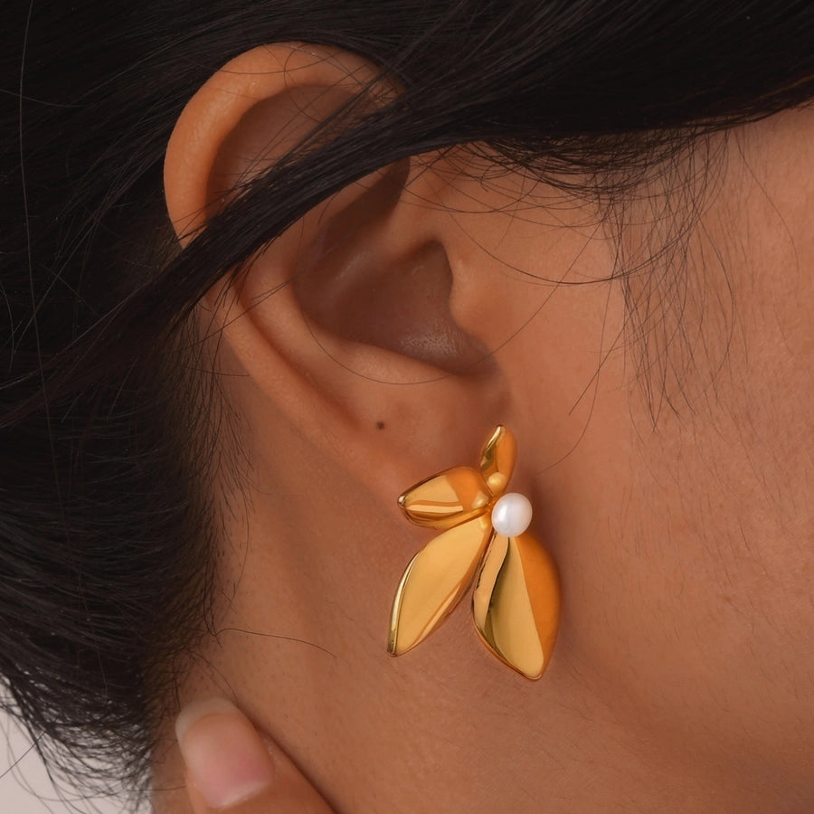 Leaf Plating Artificial Pearls Earrings [304 Stainless Steel,18K Gold Plated]