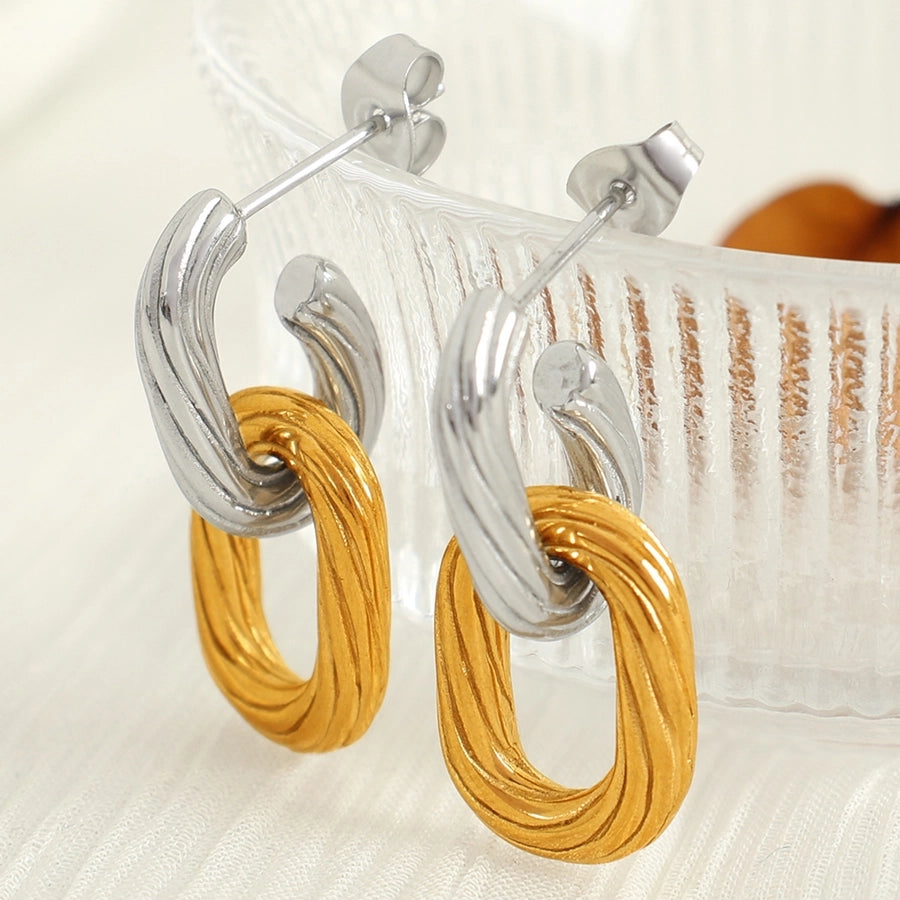 Double Ring Silver Gold Drop Earrings [304 Stainless Steel,18K Gold Plated]