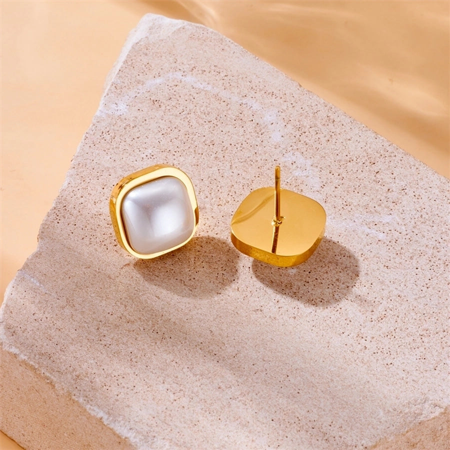 Square Pearl Stud Earrings [304 Stainless Steel, 18K Gold Plated]