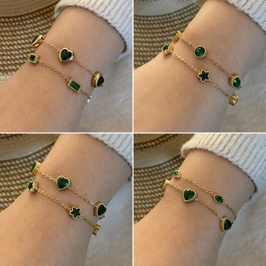 Runde/firkant/hjerteform glassten armbånd [304 rustfrit stål, 18 k guldbelagt]