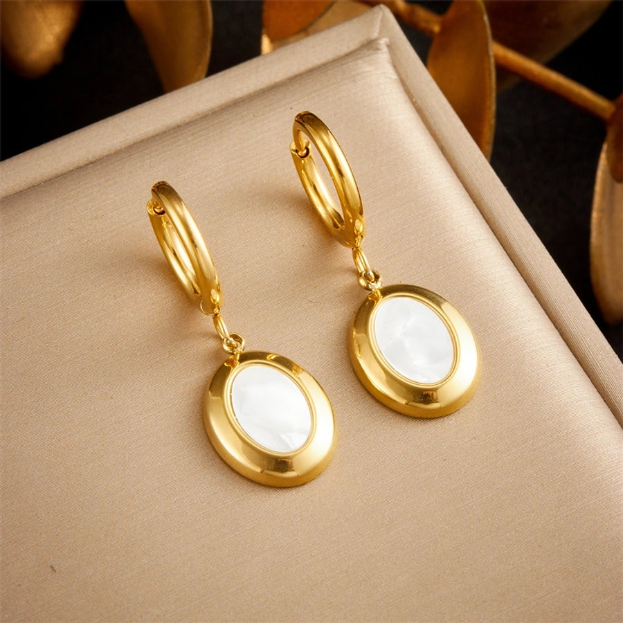 Square Oval Shell Drop Earrings [304 Stainless Steel,18K Gold Plated]