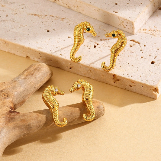 Boucles d'oreilles d'hippocampe [304 en acier inoxydable, 18 carats en or]