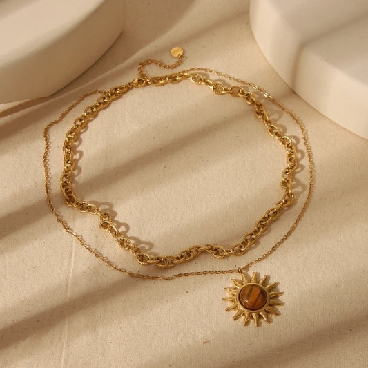 Sun Brown Stone Necklace [304 Stainless Steel,18K Gold Plated]