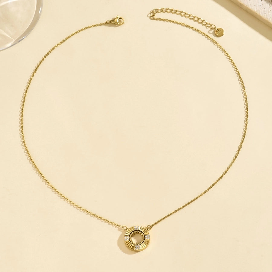 Rhinestones Hollow Circle Necklace [304 Stainless Steel,14K Gold Plated]