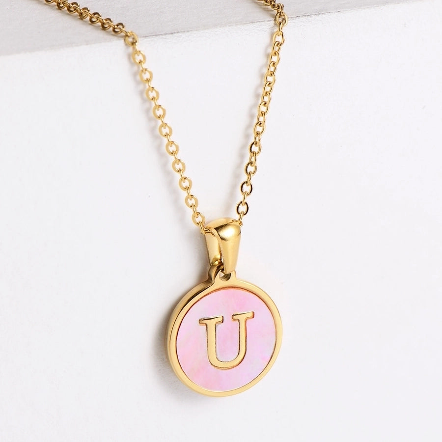 Pink Shell Letter Necklaces [304 Stainless Steel,18K Gold Plated]