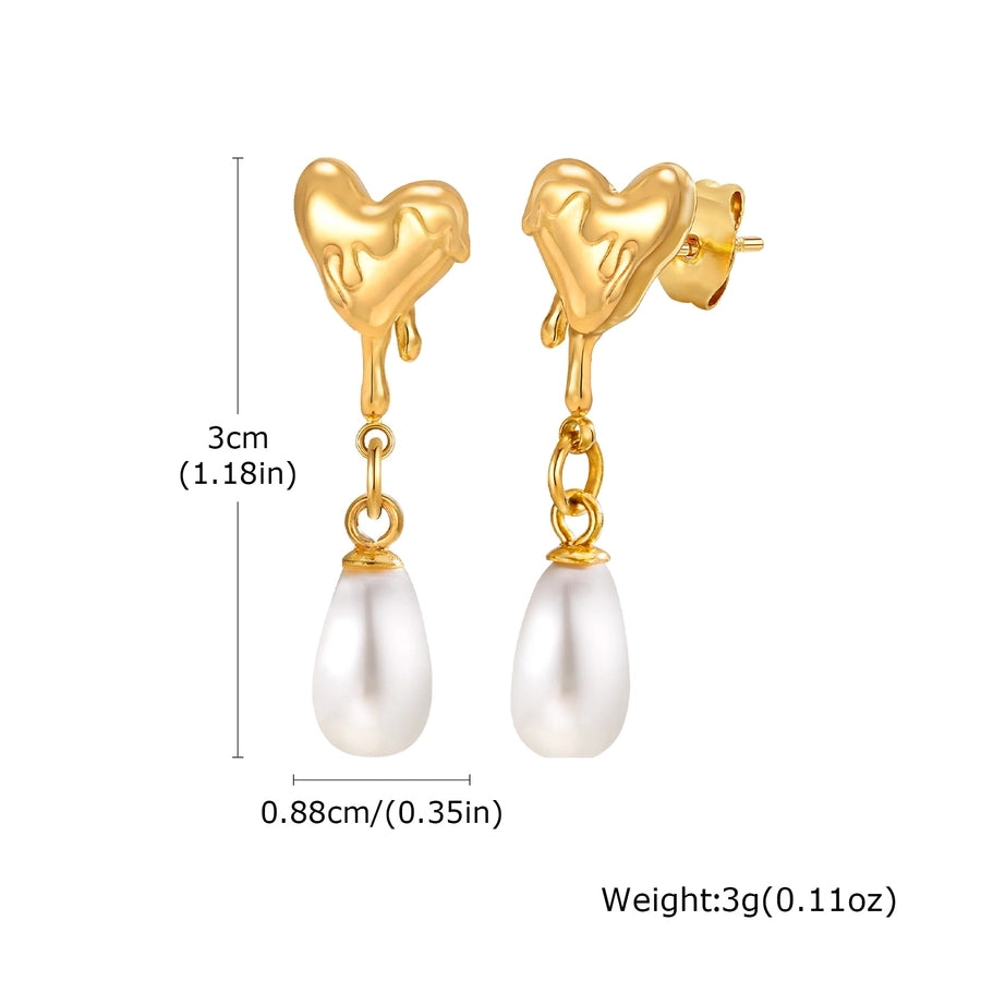 Water Droplets Heart Shape Earrings [304 Stainless Steel,18K Gold Plated]