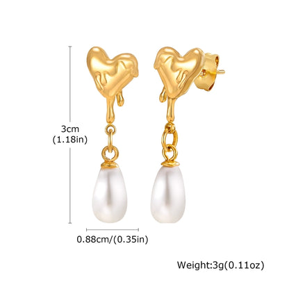 Water Droplets Heart Shape Earrings [304 Stainless Steel,18K Gold Plated]