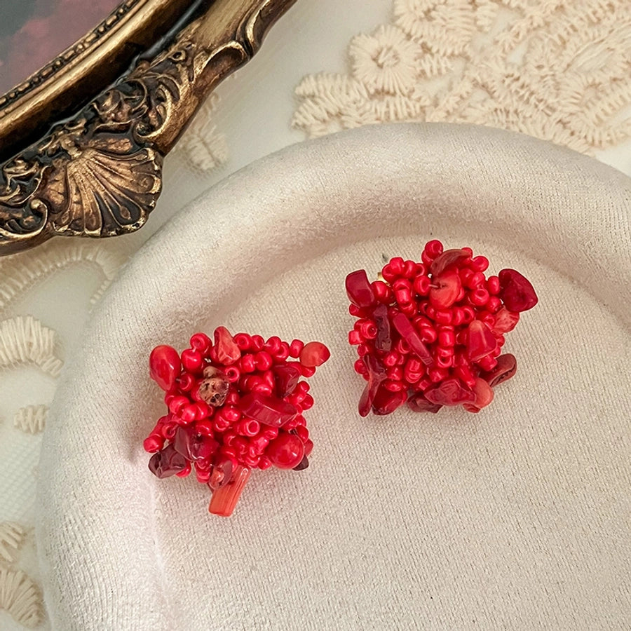 Flower Red Natural Stone Earrings [304 Stainless Steel,14K Gold Plated]