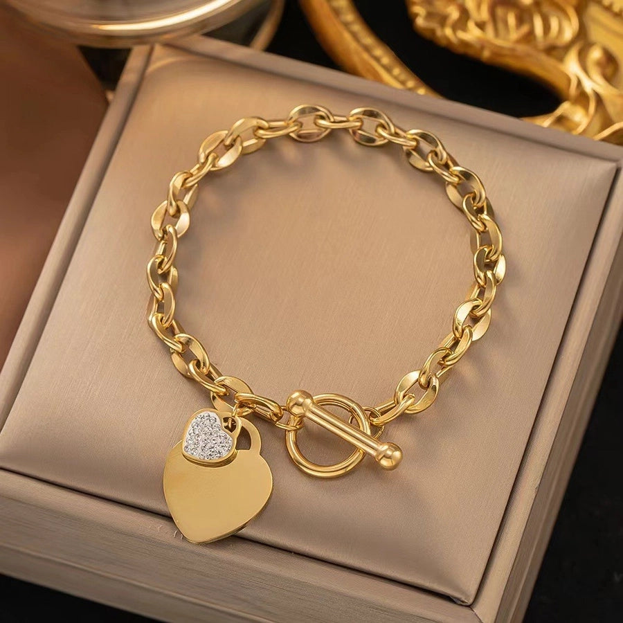 Simple Style Heart Shape 304 Stainless Steel 18K Gold Plated Artificial Rhinestones Bracelets In Bulk