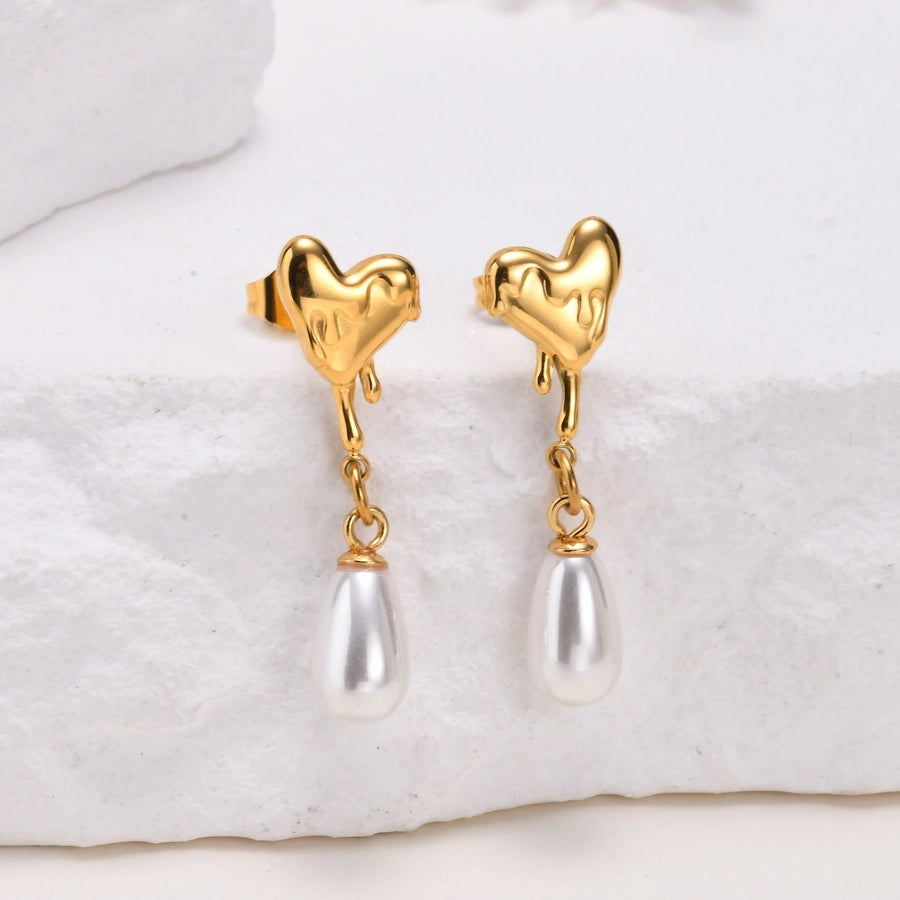 Water Droplets Heart Shape Earrings [304 Stainless Steel,18K Gold Plated]