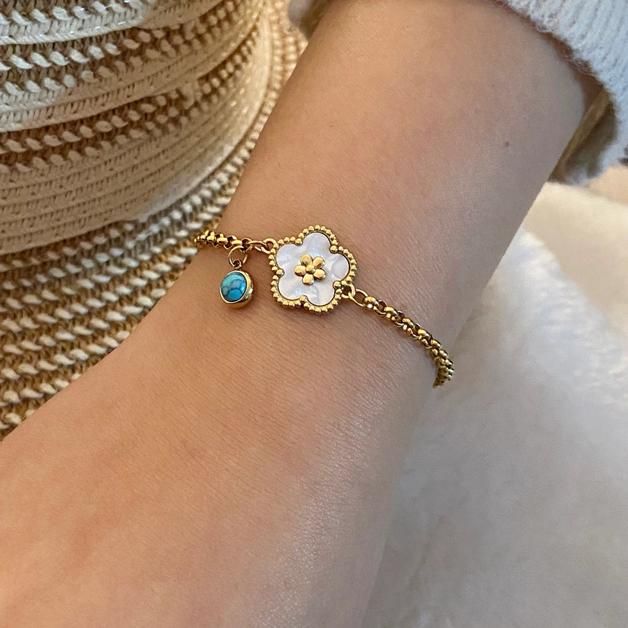 Blomster sommerfugl turkise armbånd [rustfritt stål, 18K gullbelagt]