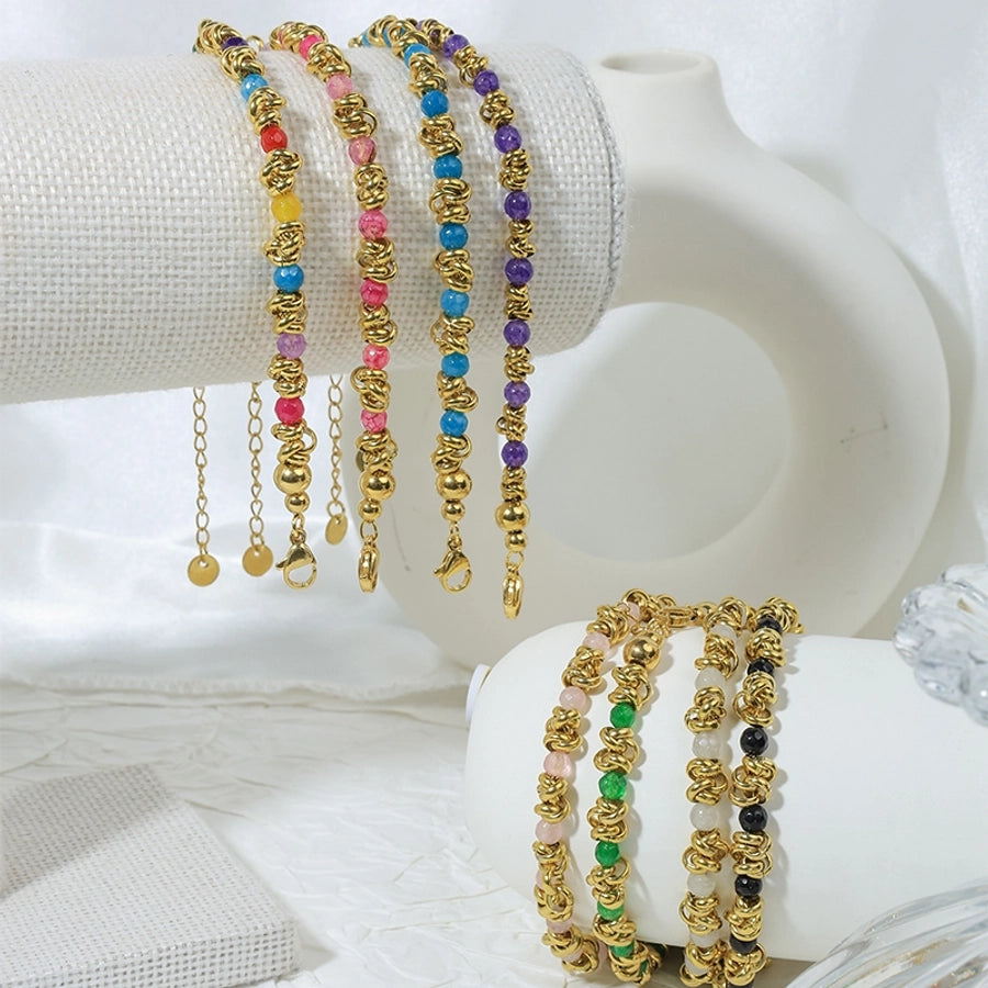 Round Beaded Bracelets [304 Stainless Steel,14K Gold Plated]