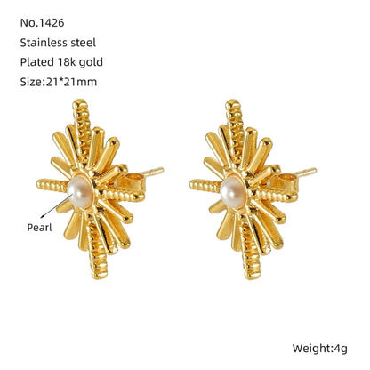 Hexagram Inlay Artificial Pearls Earrings [304 Stainless Steel,18K Gold Plated]