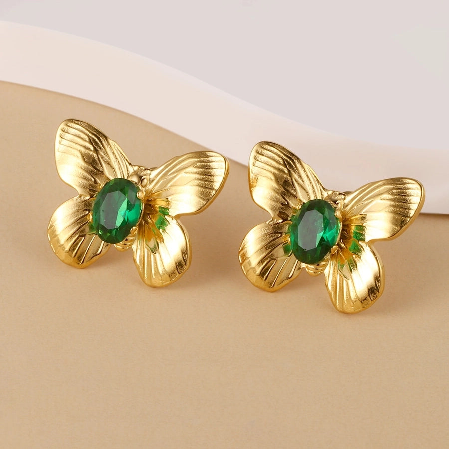 Butterfly Steel Zircon Earrings [304 Stainless Steel, 14K Gold Plated]