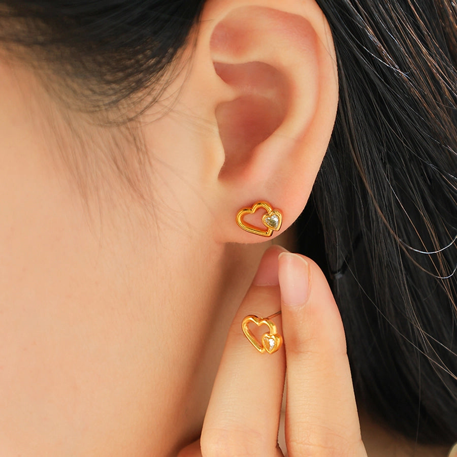 Double Heart Shape Zircon Earrings [304 Stainless Steel,14K Gold Plated]