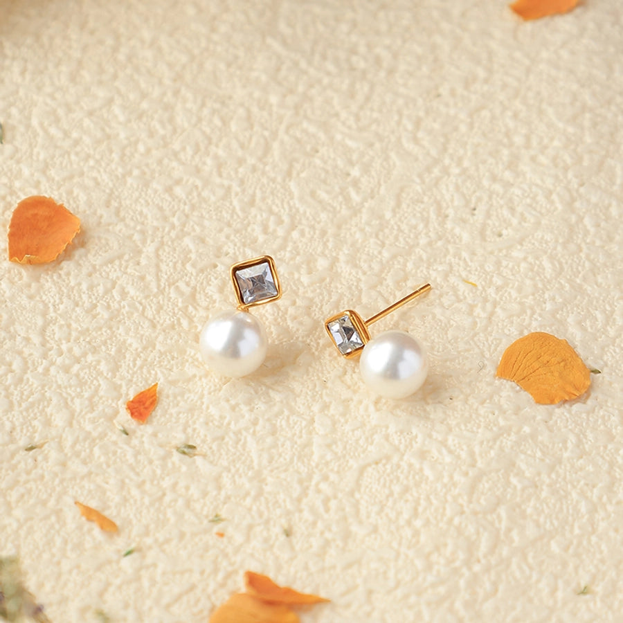 Rhombus Zircon Pearl Earrings [304 Stainless Steel,14K Gold Plated]