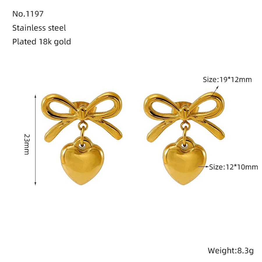 Heart Shape Bow Knot Earrings [304 Stainless Steel,18K Gold Plated]