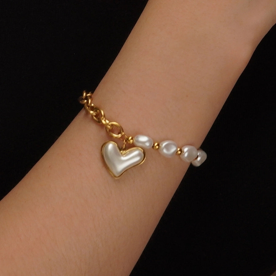 Heart Shape Beaded PearlBracelet/Necklace/Jewelry Set [304 Stainless Steel, 18K Gold Plated]