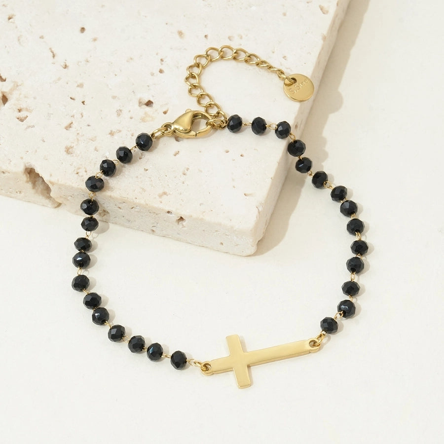 Black Beads Chain Bracelets[304 Stainless Steel, 14K Gold Plated]