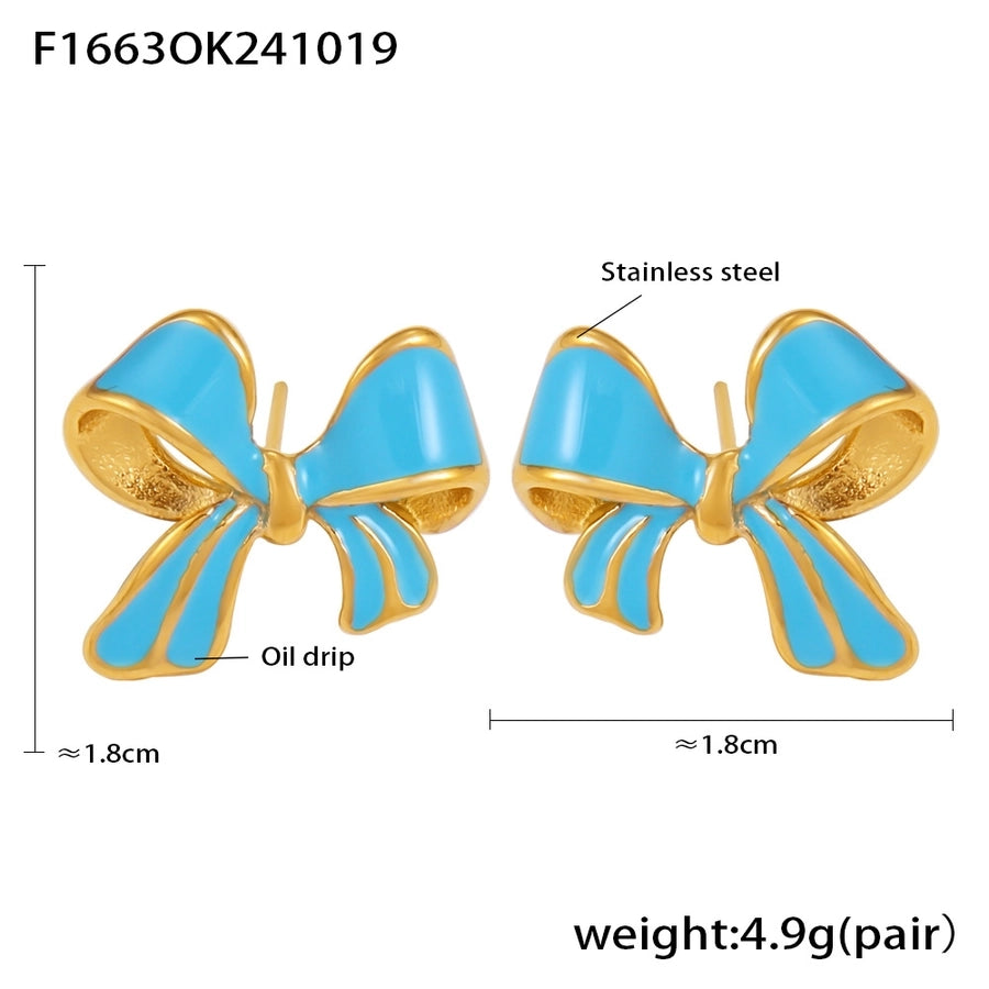 Color Preppy Style Bow Knot Enamel Earrings [304 Stainless Steel,18K Gold Plated]