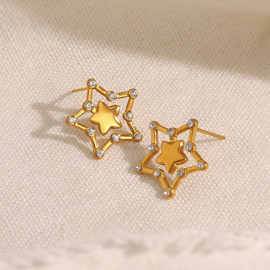 Brincos de zircão de polimento de estrela [304 aço inoxidável, ouro 18k banhado]