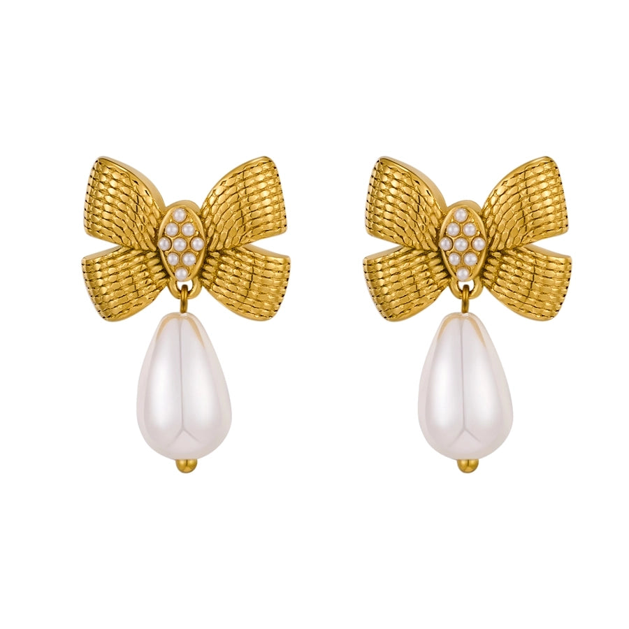 Water Droplets Bow Knot  Drop Earrings [316 Stainless Steel,18K Gold Plated]