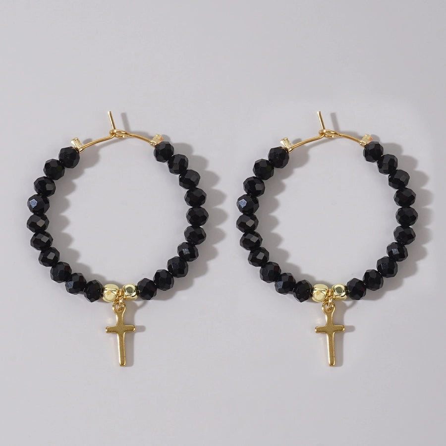 Cross Black Beaded Artificial Crystal Drop Earrings [304 Stainless Steel]