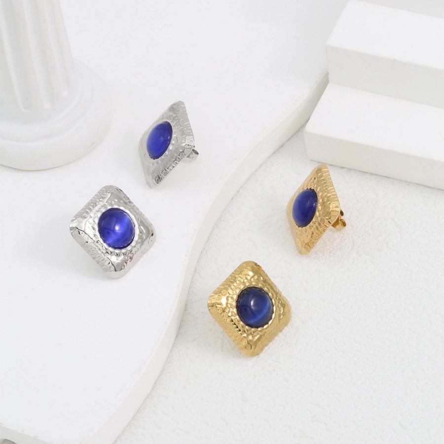 Square Natural Stone Ear Studs [304 Stainless Steel,18K Gold Plated]